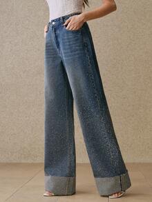 Anewsta New Rhinestone Embellished Women's Blue Straight Leg Jeans Bling Jeans Studded Jeans Wide Leg Jeans Woman Rhinestone Denim Rhinestone Jeans - Blue - View 7