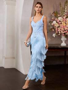 MOTF Soiréza VESTIDO DE NOCHE FORMAL CON BORDADO DE PATRÓN FLORAL Y DOBLADILLO CON FLECOS MULTICAPA - Azul - Ver 4