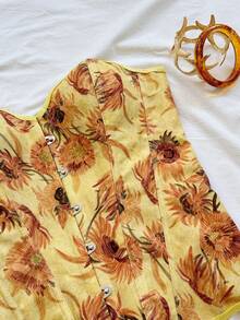 Soleia 女士复古宫廷风彩色花卉提花印花抹胸露脐上衣，带纽扣和后系带 - 黃色 - 查看 5