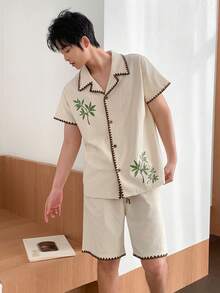 DAZY Herren Sommer Palmen- und Buchstaben-Muster Kurzarm Hemd und Shorts Pyjama Set - Aprikosenfarben - Übersicht 1