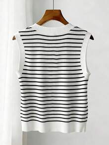 Franclia Women's Elegant Commuter Sleeveless Top With Half-Open Collar And Button Stripes, Spring/Summer - Black and White - View 2