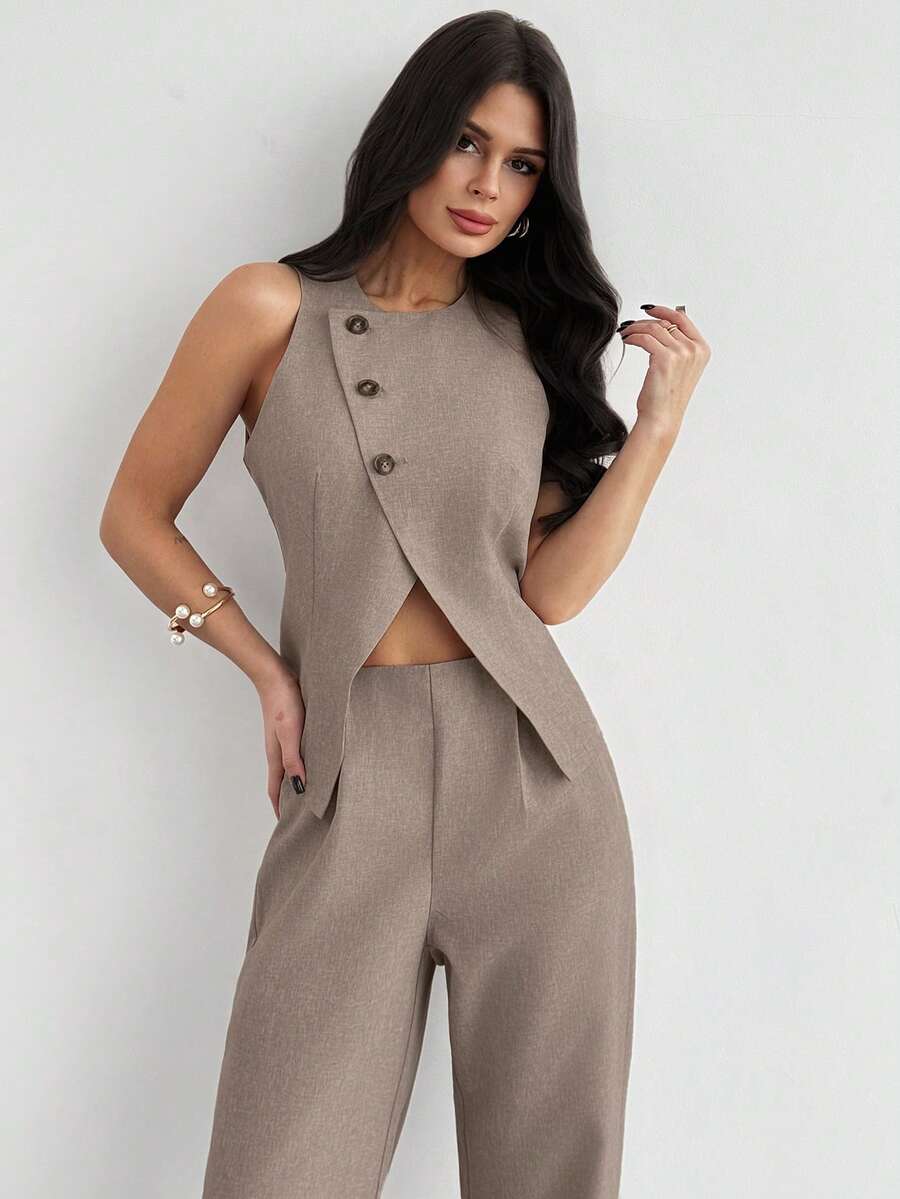 Firerie Women's Elegant Casual Urban Commute Office Wear Khaki Sleeveless Asymmetrical Collar Design Waist Cinched X-Shaped Fitted Blouse And Loose Wide Leg Pants Set, Spring/Summer Ladies Suit, Teacher Outfit, Graceful Commuter Attire - Khaki - View 1