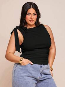 SHEIN BAE Plus Size Women Solid Texture Asymmetric Neck Knot Shoulder Tops For Spring Summer,Country Concert - Black - View 6