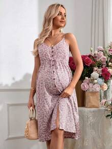 SHEIN Đầm bầu ôm sát dài đến đầu gối, có dây đeo điều chỉnh được, thích hợp cho kỳ nghỉ lãng mạn. - Hồng - Xem 5