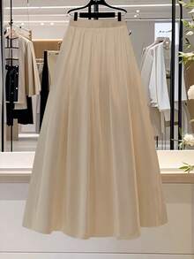 Franclia 女士纯色百褶休闲百搭约会外出A字裙 - 卡其色 - 查看 2