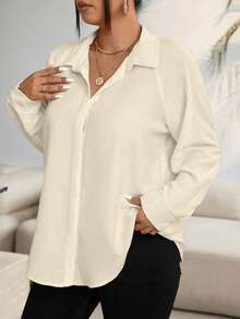 EMERY ROSE Áo kiểu nữ cỡ lớn, tay dài, dáng rộng, màu trơn, kiểu raglan, thích hợp mặc hàng ngày đi làm, mùa xuân/thu. - Màu be - Xem 4