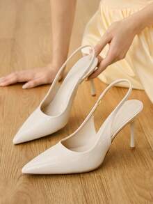 CUCCOO SZL 杏色尖头细高跟后系带露跟高跟鞋，简约时尚女式高跟鞋，适合婚礼、派对、宴会等场合。 - 米色 - 查看 5