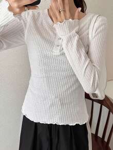 FRIFUL Women's Solid Color Round Neck Half-Zip Textured Fabric Cuff Trim Fitted Spring T-Shirt - White - View 3
