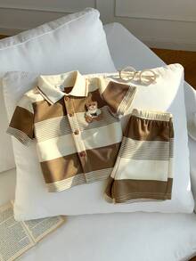 SHEIN 两件套男女通用婴儿服装，可爱夏季针织条纹卡通熊印花短袖T恤和松紧腰短裤，适合生日派对、锐舞派对、晚宴、演出、婚礼、宝宝满月、洗礼、一周岁生日庆祝、婚礼宾客、迎婴派对等场合。 - 彩色 - 查看 6