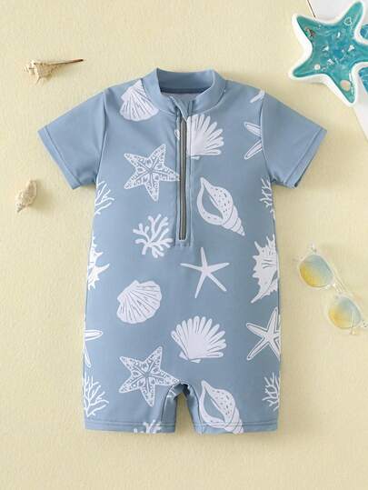 SHEIN Pelele informal de manga corta para bebé niño, con pantalón corto y cremallera delantera, adecuado para primavera, verano, playa, otoño, baños termales en invierno