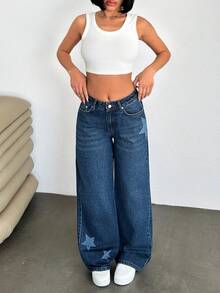 SHEIN Women Star Detail Wide Leg Denim Jeans - Navy Blue - View 3
