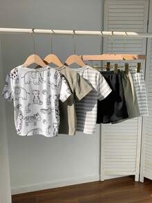 SHEIN 6件套男童可爱休闲假日沙滩恐龙条纹印花T恤短裤套装，适合春夏季节、日常穿着、运动、郊游、上学、聚会、节日、拍照等场合。 - 彩色 - 查看 2