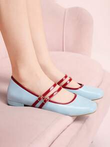 CUCCOO DOLLMOD 女士红色格子玛丽珍鞋，平底方头，校园风日系可爱低跟鞋，春季鞋款，春假复活节圣诞节适用。 - 淺藍色 - 查看 4