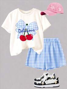 两件套可爱迷你蓝色格子樱桃印花少女休闲圆领短袖T恤和短裤套装，适合夏季度假 - 彩色 - 查看 2