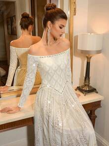 Poshira Luxury Beaded Sparkling Evening Gown, High-End Formal Dress, Elegant Dignified Lady Style - Apricot - View 1