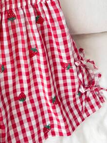 Shorts casuales de verano para niñas preadolescentes con estampado a cuadros y bordado de fresa con cordón - Rojo - Ver 4
