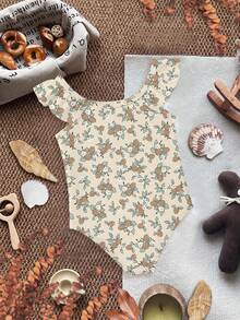 SHEIN 美拉德印花复古花卉图案，可爱乡村风格，女婴连体泳衣，适合夏季穿着 - 彩色 - 查看 5