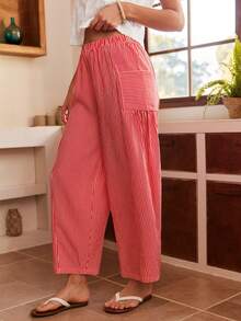 Bohemian Boho Style Casual Vacation Jacquard Lace Trim Loose Blouse, Striped Wide Leg Pants Women Pajama Set - Red and White - View 6