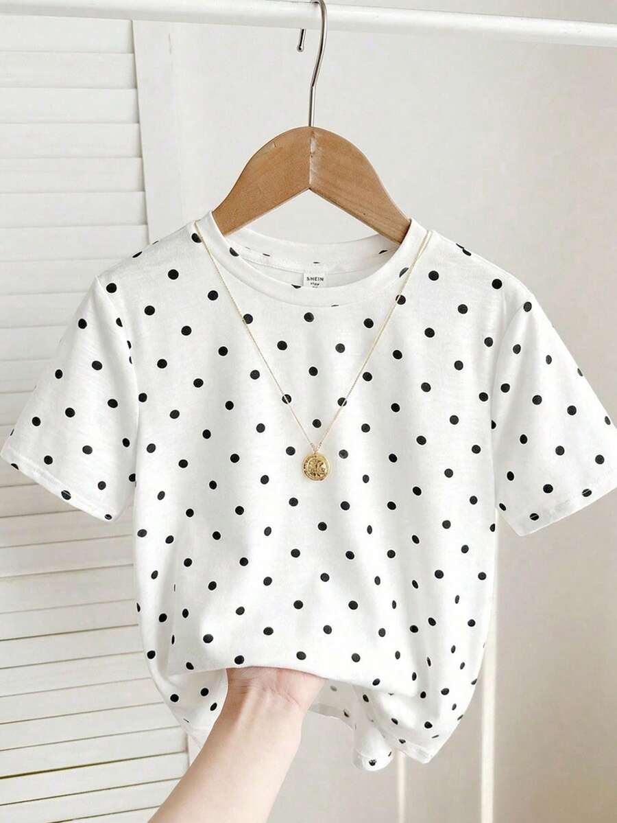 ملابس علوية تي شيرت مطبوع بنقاط بولكا، جميل وحلو للفتيات المراهقات، ملابس علوية كاجوال عصرية وأنيقة للصيف - أبيض - مشاهدة 1