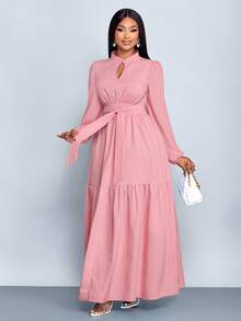 SOLERSUN 大码女式纯红色宽松休闲立领前开衩水滴形纽扣高端设计长袖系带修身A字长连衣裙，优雅、舒适、休闲、时尚通勤连衣裙，新款，适合日常穿着，新年、秋季、冬季、派对、约会、圣诞节、2026年、新年、情人节、夏季、粉色。 - 粉色 - 查看 4