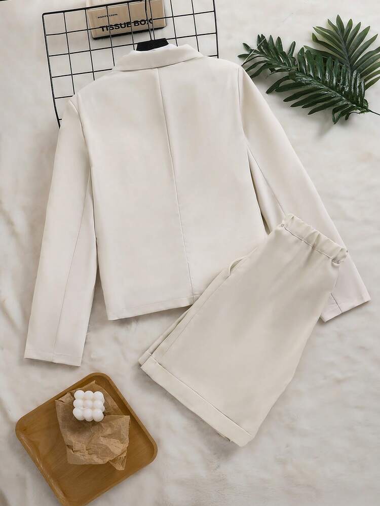 2pcs/Set Teen Boy Gentleman Suit,Beige Single-Breasted Blazer Jacket With Textured Shorts,Elegant High-End Formal Outfit For Birthday,Gala,Performance - Apricot - View 2