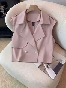 Franclia Women's Fashion Double-Breasted Lapel NeckSleeveless Trench Coat - Baby Pink - View 6