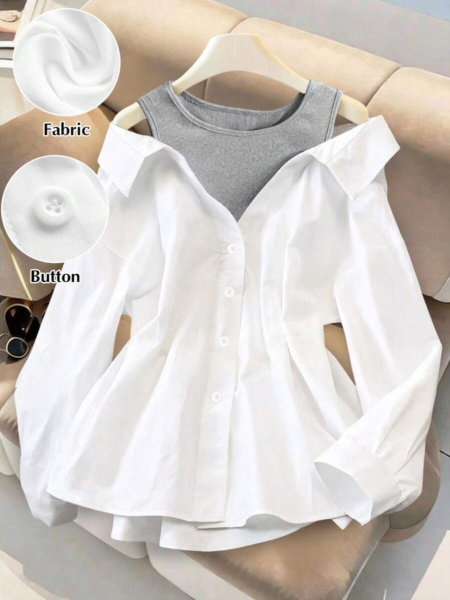 EMERY ROSE 大码休闲女式落肩单排扣衬衫 - 白色 - 查看 1