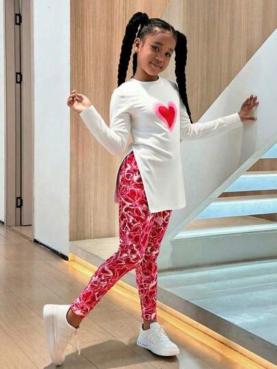 SHEIN Conjunto informal de 2 piezas de niña preadolescente con parte superior de manga larga con estampado de corazón y leggings con gráfico completo, adecuado para uso casual, vuelta al colegio, ceremonias de apertura, uso diario, colegio, viajes, deportes, primavera/verano, Día de San Valentín