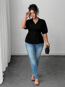 SHEIN CURVE+ 大码女式纯色简约时尚通勤收腰短袖衬衫，春夏款 - 黑色 - 查看 7