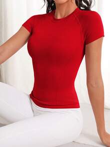 Easithlete Áo thun thể thao hở một bên vai Áo thun tập gym Áo thun bó sát Áo ba lỗ tập luyện - Đỏ - Xem 5