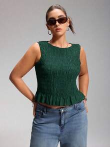 LYSMO 大码女式波西米亚风弹力褶皱红色吊带背心 - 墨綠色 - 查看 6