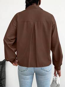 EURMUSE Women's Solid Color Front Button Elegant Office Long Sleeve Shirt - Brown - View 2