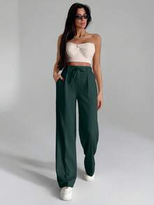 EURMUSE Women Solid Color Wide Leg Tie Front Detailed Pants - Green - View 4
