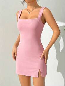 SHEIN EZwear 粉色高开衩无袖连衣裙，女士夏季连衣裙 - 粉色 - 查看 4