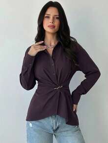 Firerie Women's Casual And Elegant Eggplant Purple Long-Sleeved Blouse, Metallic Embellishment, Suitable For Business Commuting, Sophisticated And Elegant Top/Old-Money Style Blouse/Teacher's Attire/Red Blouse - Red Violet - View 4