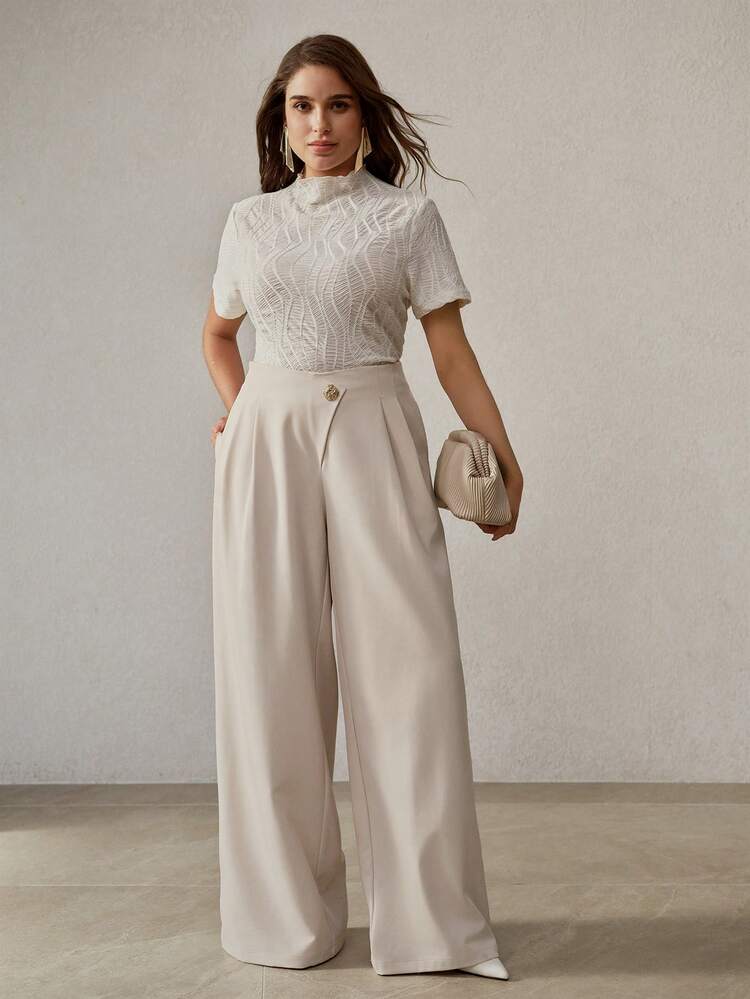 PLUS SIZE WOMEN'S SINGLE BUTTON ASYMMETRICAL HIGH WAIST WIDE LEG PANTS