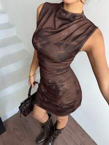 Siren Gaze Women's Floral Print Ruched Collar Fitted Mini Dress Summer Elegant - Chocolate Brown - View 4