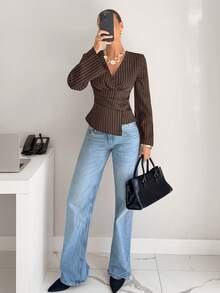 Siren Gaze Women's Striped V-Neck Ruffle Asymmetrical Hem Fashionable Versatile Commuting Long Sleeve Blouse - Mocha Brown - View 5