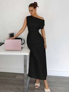 Siren Gaze 女士简约纯色不对称肩部收腰连衣裙，夏季 - 黑色 - 查看 3