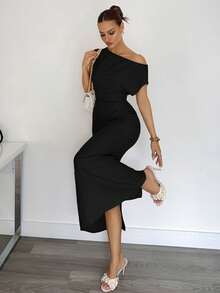 Siren Gaze 女士简约纯色不对称肩部收腰连衣裙，夏季 - 黑色 - 查看 4