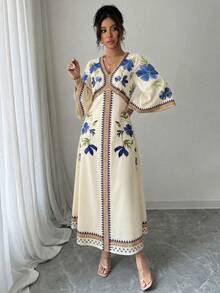 Yasmyna 女士优雅通勤印花喇叭袖连衣裙 - 藍色 - 查看 3