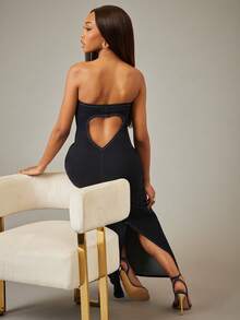 NYA SZN Denim Dress Sleeveless Fitted Bodycon Dark Wash Heart Cut Out Blue Stripe Winter Spring Festive Holiday Valentines Day Date Event Party Golng Out Maxi Length Outfits For Women - Blue - View 1