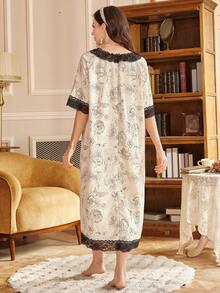 PalaceNights Áo ngủ tay ngắn kiểu cung đình dành cho nữ, họa tiết hoa, viền ren tương phản. - Màu be - Xem 2