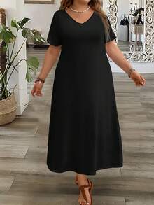 Rusticease 大码女式休闲简约V领短袖纯黑色长款连衣裙，适合夏季度假 - 黑色 - 查看 8