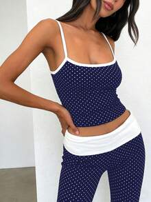 SHEIN EZwear Bộ áo hai dây và quần dài phối màu tương phản mới dành cho nữ, thích hợp cho các chuyến đi chơi mùa xuân và mùa hè, màu xanh navy chấm bi. - Nhiều màu - Xem 5