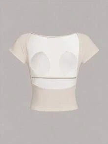 女士露背性感短款紧身T恤，适合夏季穿着 - 卡其色 - 查看 3