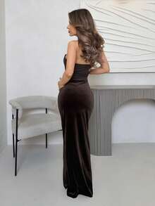 Jemour 女士秋冬新款连衣裙，复古浪漫优雅性感无肩带不对称罩杯连衣裙，适合派对、约会和正式场合，万圣节服装，女士万圣节服装，万圣节女装，万圣节女装，万圣节女装 - 棕色 - 查看 3