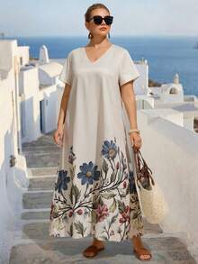 Linhara CURVE Große Größen Kleid mit Blume Muster, V-Ausschnitt, Lässig Urlaubskleid mit Kurzarm - Aprikosenfarben - Übersicht 4