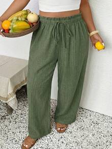 SHEIN Frenchy 大码女式休闲纯色长裤，适合度假穿着，阔腿裤，休闲阔腿裤，春季阔腿裤，波西米亚风女裤 - 綠色 - 查看 7
