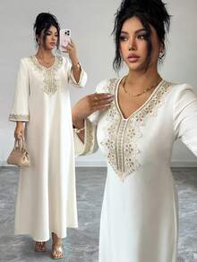 Elenzga Đầm dài tay xẻ tà thanh lịch dành cho nữ, phối nhiều dải ruy băng, thích hợp cho mùa xuân/hè. - Màu be - Xem 7